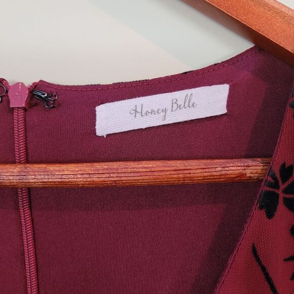 Honey Belle Whimsigoth Floral Bell Sleeve Deep V Mini Dress Burgandy Black Small - Picture 3 of 9
